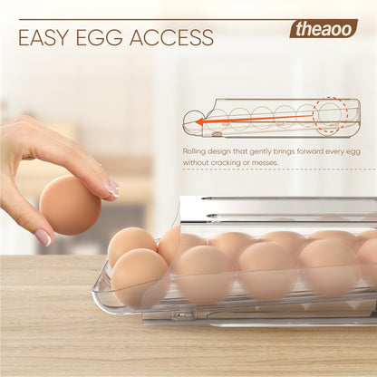 theaoo Egg Holder for Fridge, Automatic Rolling Egg Container for Refrigerator, Clear Plastic Egg Dispenser, Stackable Eggs Organizer with Quick Removable inner Tray For Organizers and Storage, 1Pack