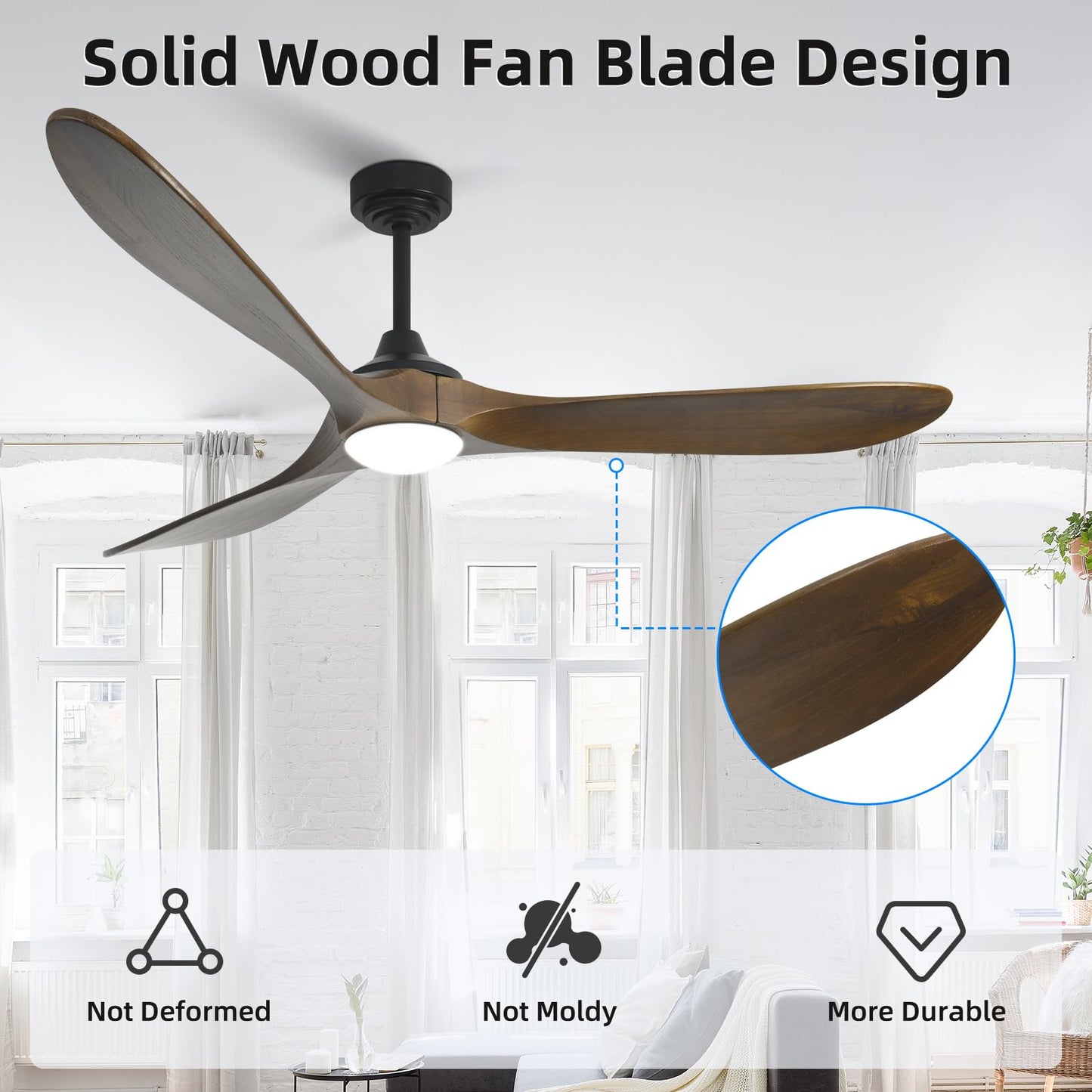 Homlit Ceiling Fan with Lights, 72'' Solid Wood Indoor/Outdoor Ceiling Fan with Quiet Reversible DC Motor, Control with WIFI Alexa App, 3CCT Dimmable, 6 Speeds Bronze Outdoor Fan for Patio Porch