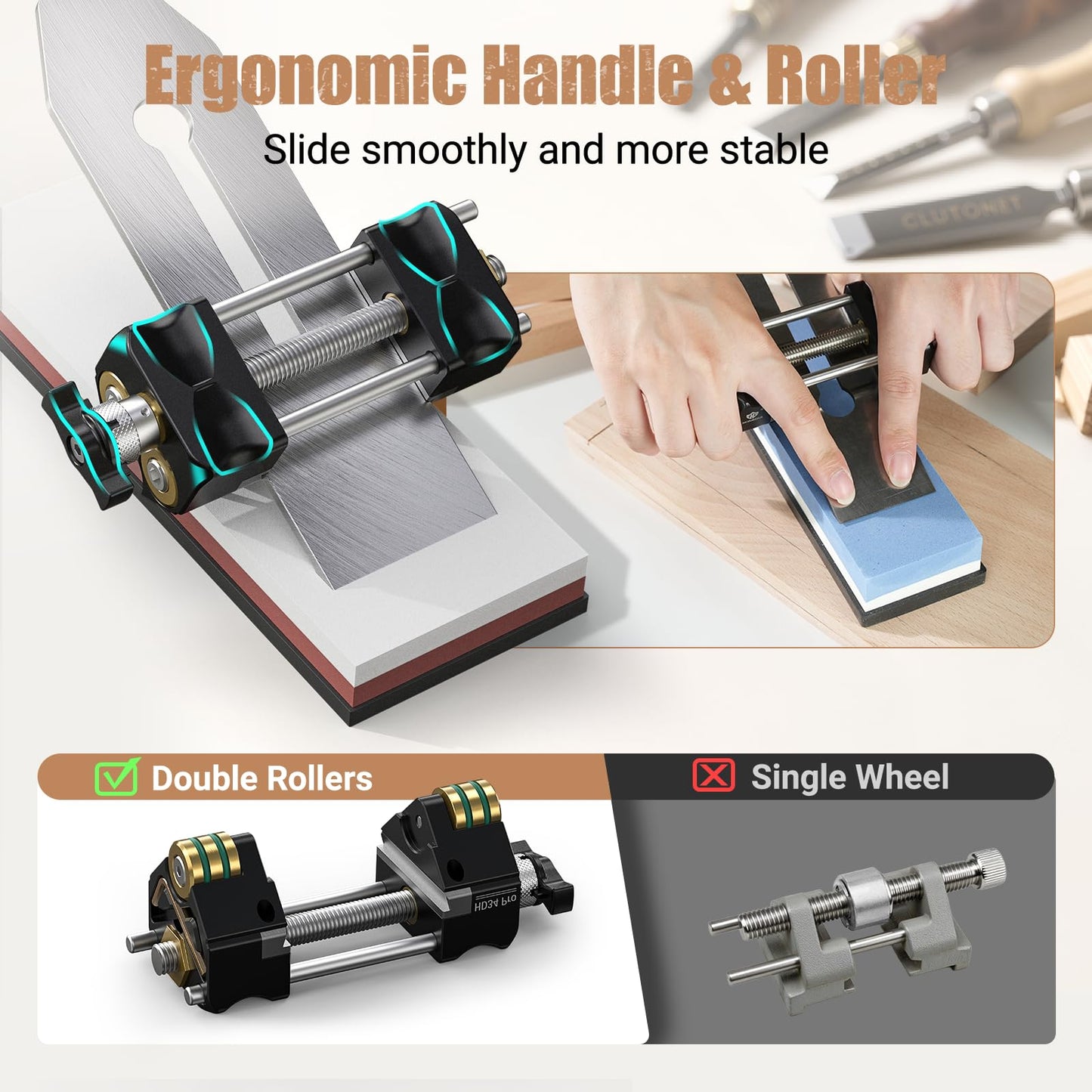 HONGDUI HD34 Honing Guide, Chisel Sharpening Jig for Chisels and Planes (0.1"-3.2") with 4 Brass Rollers & Storage Case, Professional Chisel Woodworking Tool