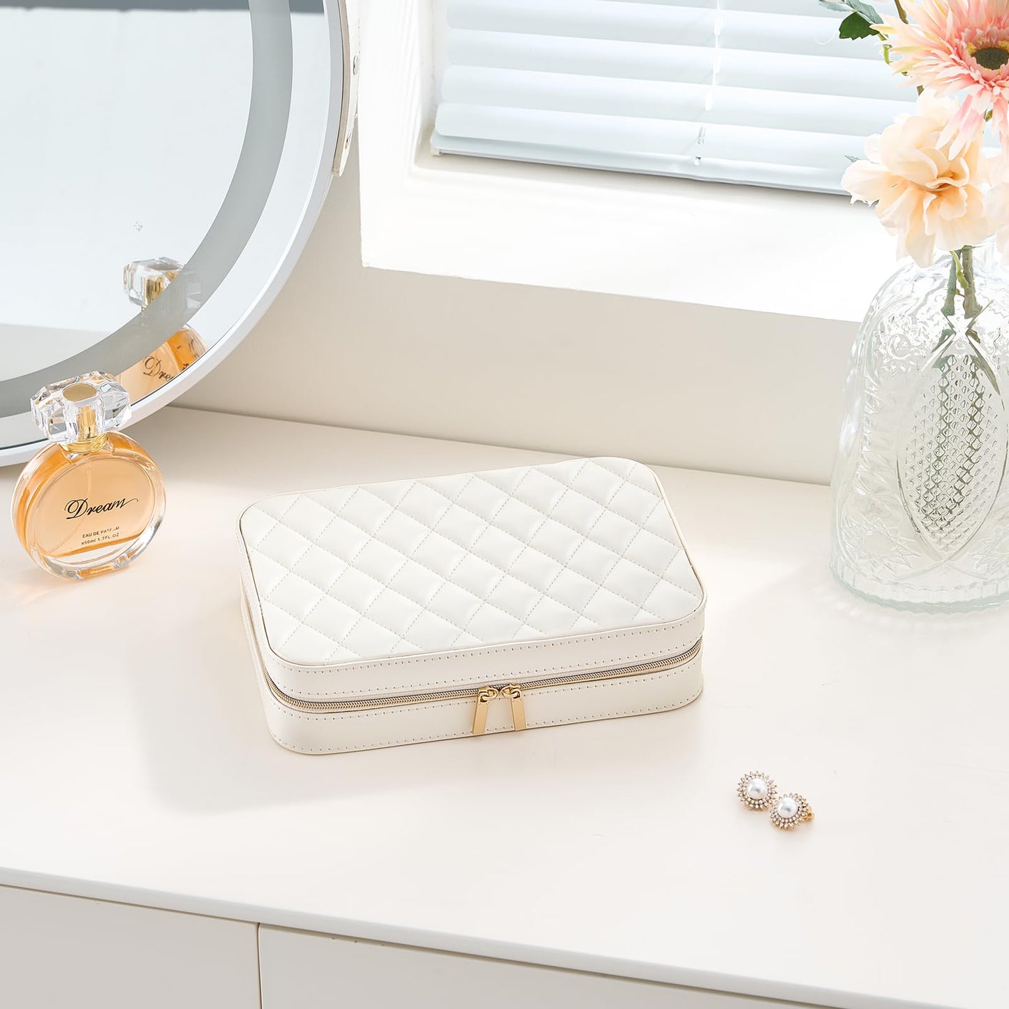 Lolalet Travel Jewelry Case for Women Girls, Travel Jewelry Organizer Box with Mirror & Clear Storage Bag, Small Portable Earring Necklace Bracelet Ring Case, Birthday Valentine Gifts -Medium, White