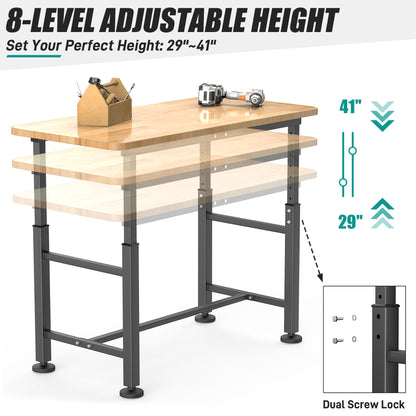 EVERHANGER Workbench for Garage, Adjustable Height Work Table, Heavy Duty Rubber Wood Top Workstation for Workshop, 47.5 x 23.5 Inch