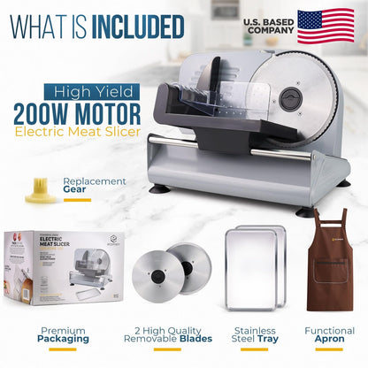 Meat Slicer, 200W Powerful Electric Food Slicer-Deli Meat Slicer Machine for Home Use for, Cheese, Bread, Vegetables-2 Round 7.5" Stainless Steel Blade, Child Lock Protection & Adjustable Thickness