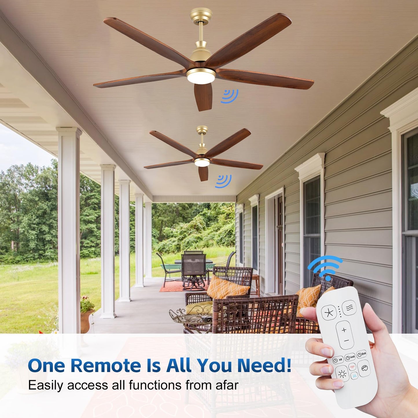 YZEENM 60 Inch Ourdoor Gold Ceiling Fan with Light, 5 Walnut Wood Blade Damp-Rated, Indoor Exterior High CFM Propeller for Patio Farmhouse, 6 Speeds Quiet Reversible DC Motor, for Living Room Porch