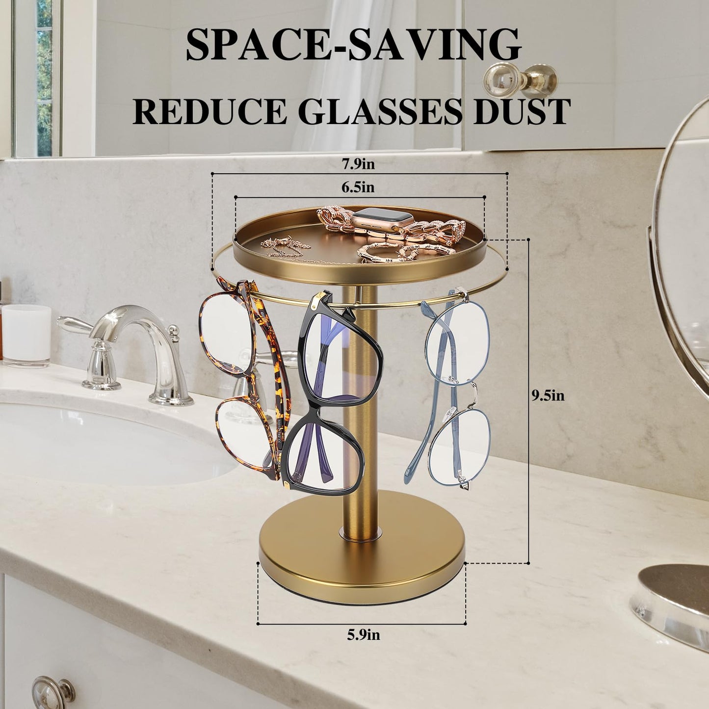 kondyfayo 360° Rotating Sunglass Organizer Storage, Stainless Steel Glasses Holder Stand, Glasses Organizer with Tray for Desk, Dresser, Tabletop, Nightstand and Home Decor (Gold)
