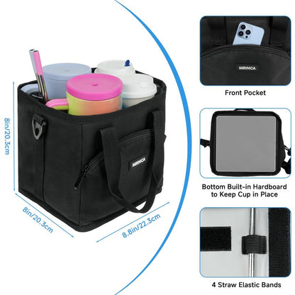 MRINCA Reusable Drink Carrier with Handle – Insulated, Collapsible 4-Cup Beverage Bag with No-Spill Base, Adjustable Dividers & Shoulder Strap, Portable Caddy for Delivery, Car and Travel, Black