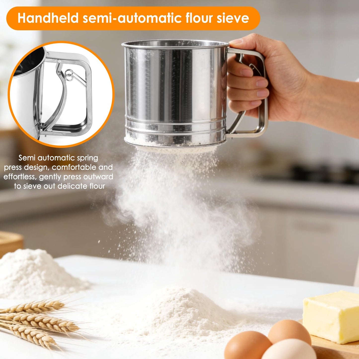 Flour Sifter for Baking, 3 in 1 Stainless Steel 3 Cup Flour Sieve Fine Mesh Sifter, Double-layer Squeeze Baking Sifter, Powdered Sugar Shaker Duster Set for Baking Cakes, Pastries, Cupcakes, Desserts