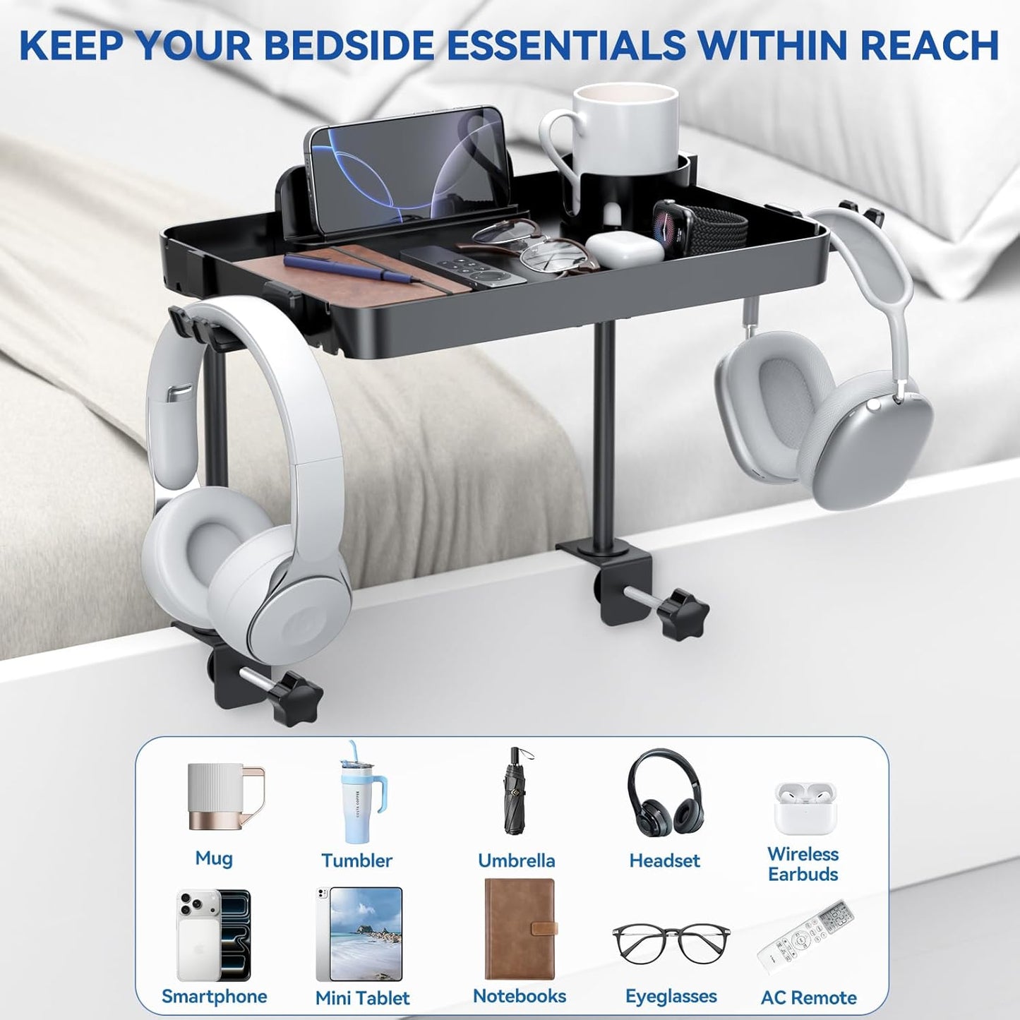 2 Bedside Shelf Bunk Bed Shelf for Top Bunk Clip on Bedside Table Tray Loft Nightstand Attachable Bedside Table Cup