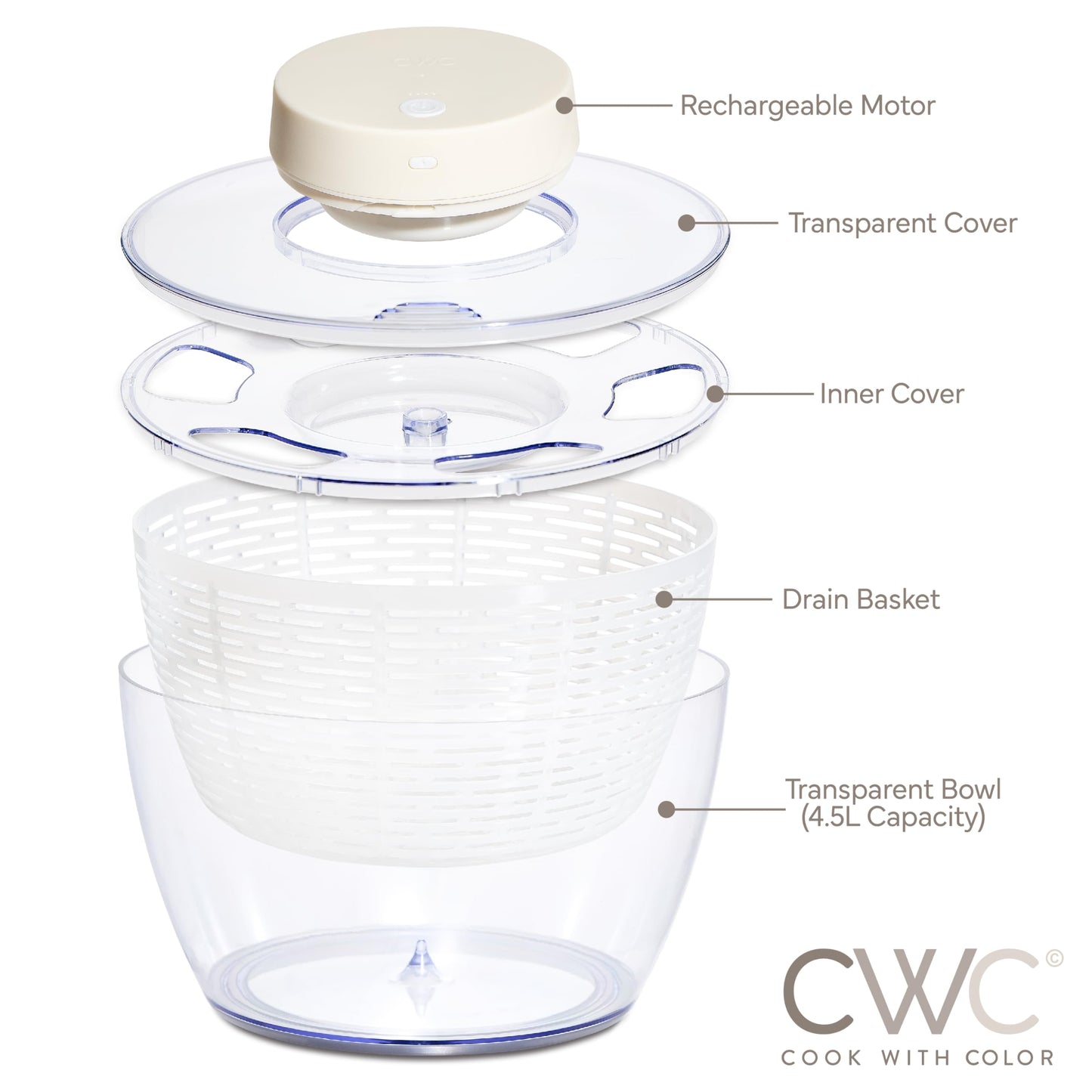 COOK WITH COLOR Electric Salad Spinner, Round 4.5L Capacity – Fast Drying & Easy Spin for Fresh Greens, Cream