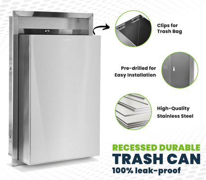 Alpine Recessed Waste Receptacle - Large 12 Gallon Brushed Finish Stainless Steel Mounted in Wall Trash Can for Commercial Bathrooms in High Traffic Areas Like Restaurant, Airport, Hotel, School