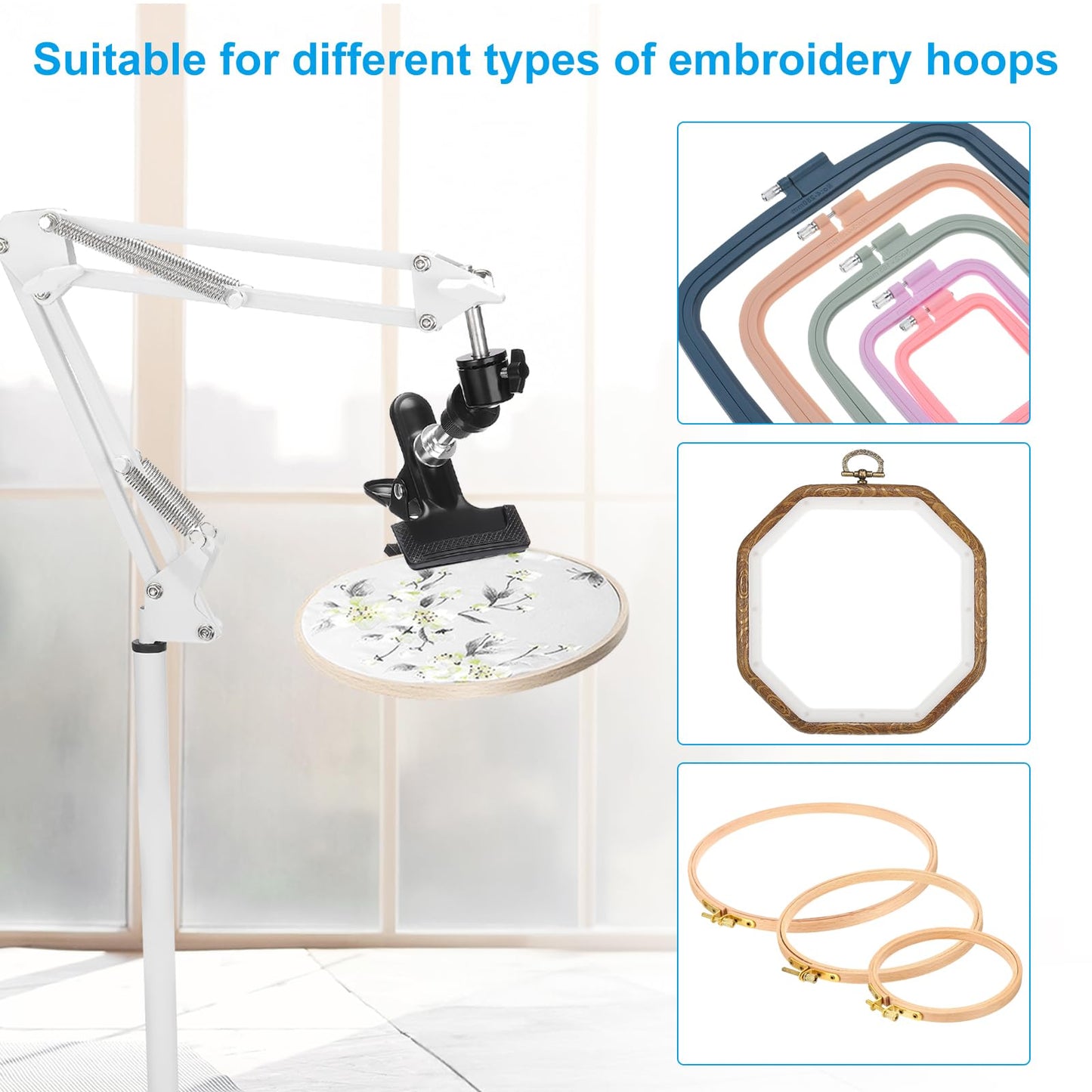 PATIKIL Embroidery Hoop Stand, 360 Degree Adjustable Embroidery Hoop Holder Metal Stand with Phone Holder for Sewing Cross Stitch Embroidery, White