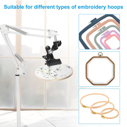 PATIKIL Embroidery Hoop Stand, 360 Degree Adjustable Embroidery Hoop Holder Metal Stand with Phone Holder for Sewing Cross Stitch Embroidery, White