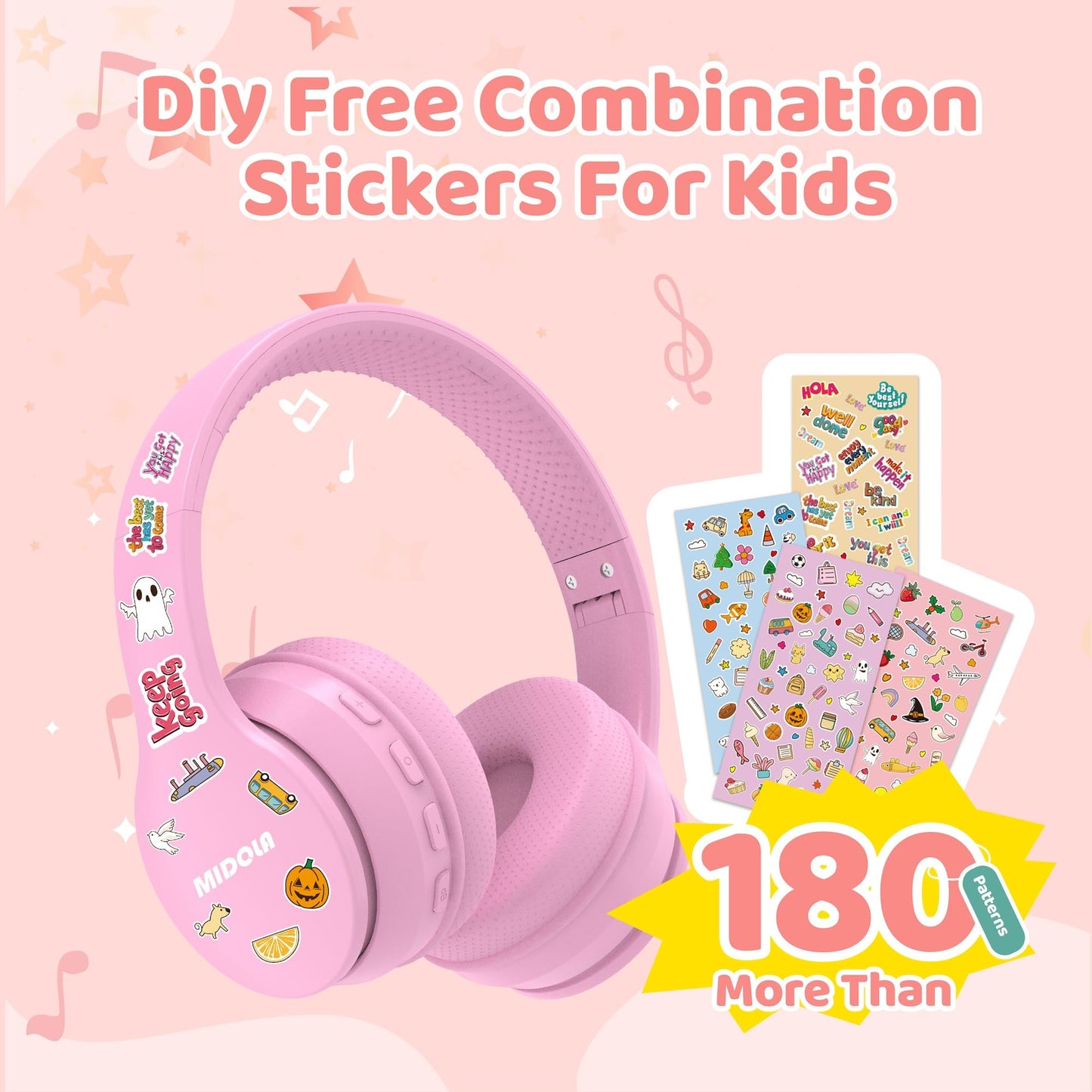 MIDOLA Kids Headphones Bluetooth 5.4 Wireless 68H Play Time Volume Limit 85/94dB Over-Ear Foldable Headset,Type-C Fast Charging,with Wired Aux Mic for Toddler Child Pad Tablet Pink