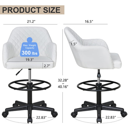 VECELO PU Leather Drafting Chair with Low Back and Footrest Ring, Height Adjustable, Swivel Rolling Wheels, for Drawing/Standing Desk/Office, White