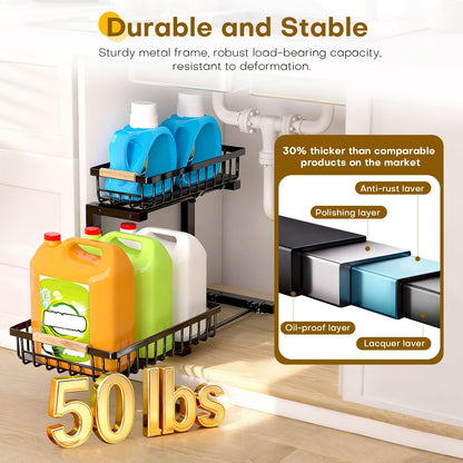 ZELOREA Under Sink Organizer, Heavy-Duty & Rust-Resistant Carbon Steel Metal, 2 Tier Pull Out Under Bathroom Sink Storage, Adjustable Height (13.8" -16.9"), Organizer for Kitchen Cabinet(2PCS,Black)