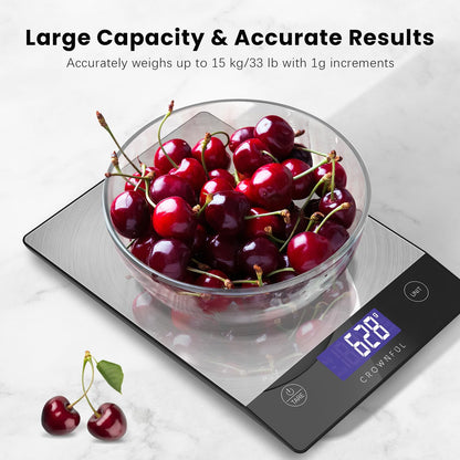 CROWNFUL Food Scale, 33lb Rechargeable 304 Stainless Steel Digital Kitchen Scale Weight Grams and Ounces with LCD Display and Type-C Charging for Meal Prep, Baking and Cooking