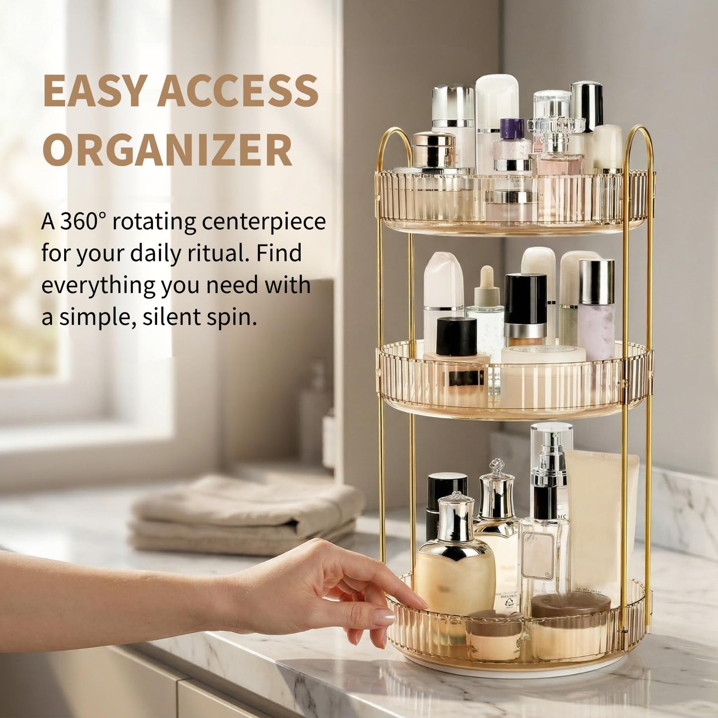 Cididu 360 Rotating Makeup Organizer, 3 Tiers Plastic Bathroom Spinning Holder Rack, Round Lazy Susan Organizer, Large Capacity Countertop Shelf for Cosmetics, Perfume, Skincare, Spice, Toiletries