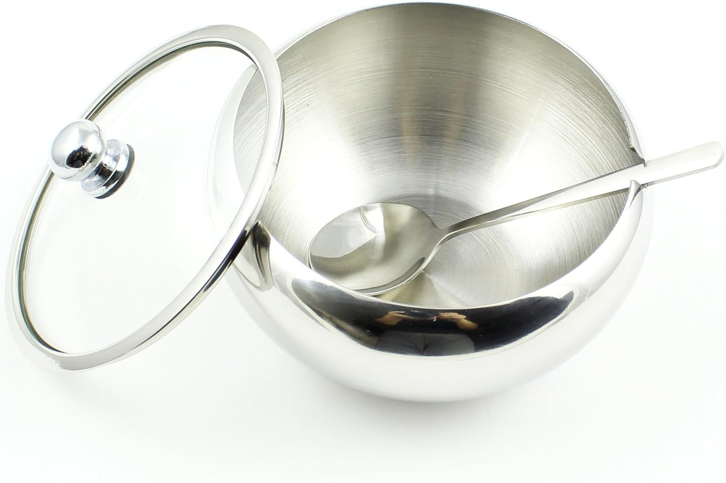 Zoie + Chloe Stainless Steel Sugar Bowl with Glass Lid, Bonus Spoon, 2 Cup Capacity (500ml)