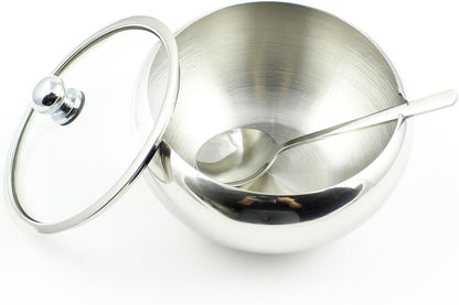 Zoie + Chloe Stainless Steel Sugar Bowl with Glass Lid, Bonus Spoon, 2 Cup Capacity (500ml)