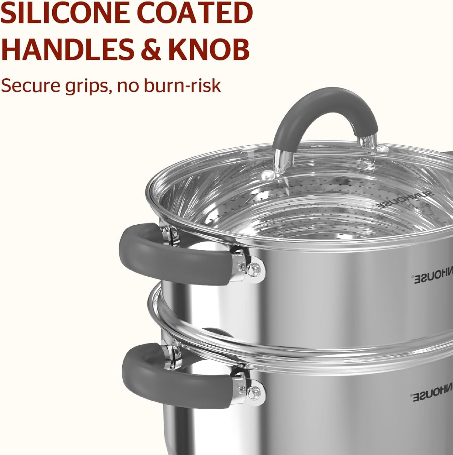 SUNHOUSE 3 Quarts Steamer Pots With Lid, 2-Tier Multipurpose Stainless Steel Steaming Pot Cookware With Stay-Cool Handles, Tri-ply Bottom, Compatible with All Cooktops