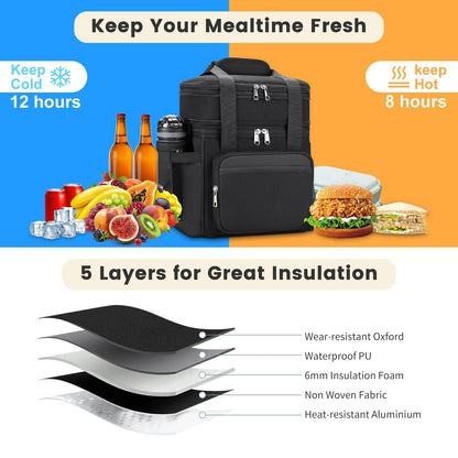 holuxer Insulated Lunch Bag & Lunch Box for Men - Double Deck Reusable Lunch Bag for Women Tote Cooler Bag Leakproof Soft Expandable - Large Lunchbox for Work/Adult/Picnic/Outdoor (Black，15L)
