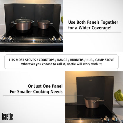 Extra-Large 2-Piece Splatter Guard (15.7” x 15.7”), Heavy-Duty, Commercial-Quality Stainless Steel Oil Splash Shield with Foldable 2-Panel Design & Silicone Spoon Rest by Baetle