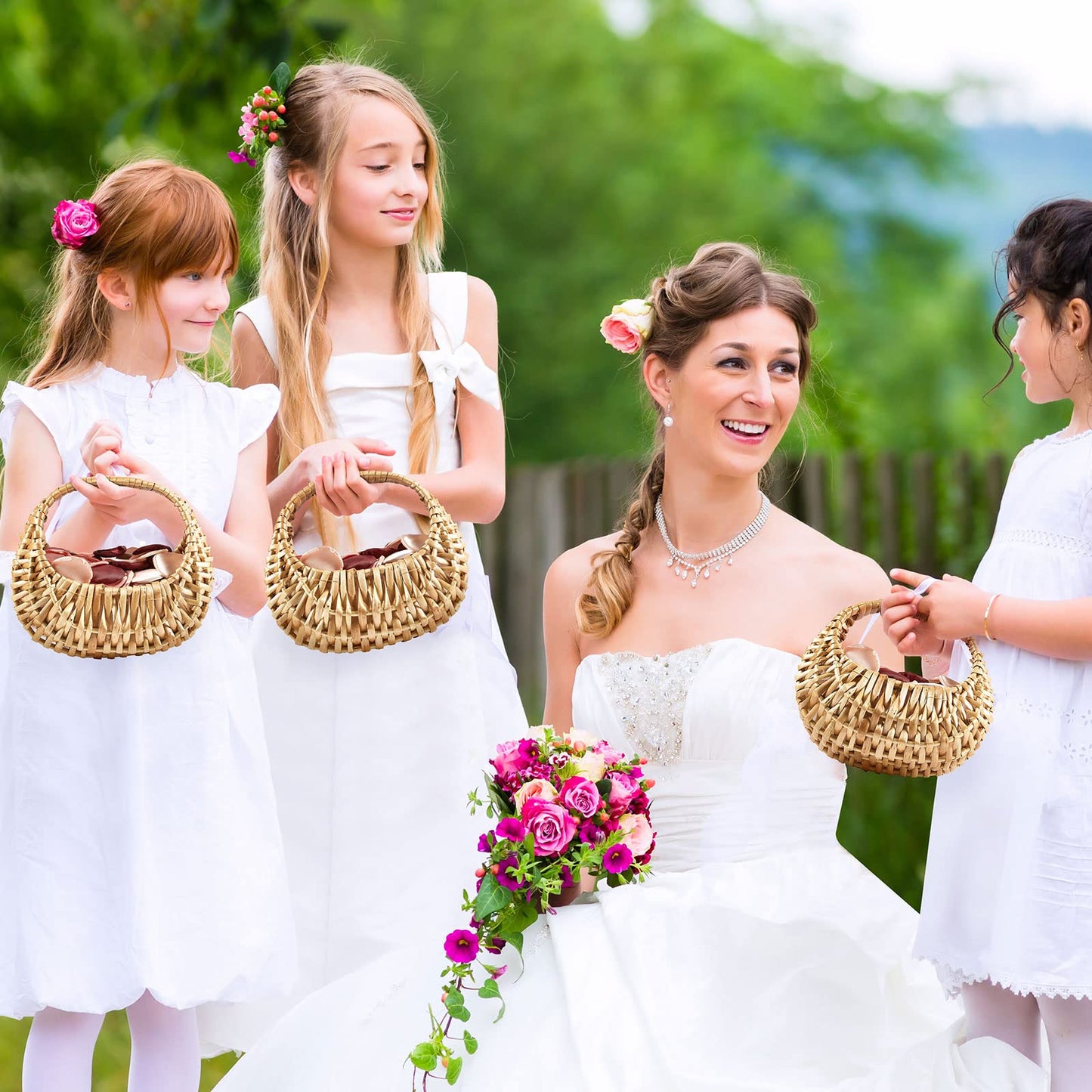 Taiyin 3 Pack Rattan Flower Girl Basket Half Moon Straw Wicker Basket with Handle 6.7" x 6.5" x 4.3" Ideal for Wedding Flower Girl, Picnic, Garden Storage and Home Decor (Nature)