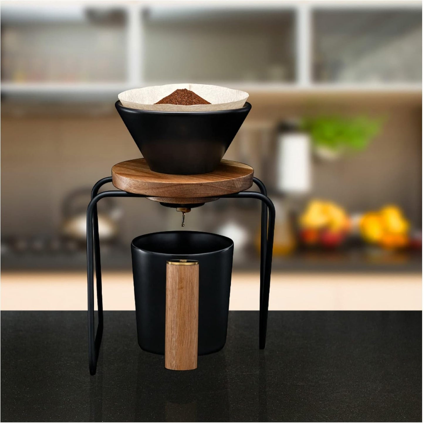 ChefWave Artisan Series Pour-Over Coffee Maker Set, 1-2 Cup Personal Size with Ceramic Cone, Wood Ring, Stainless Steel