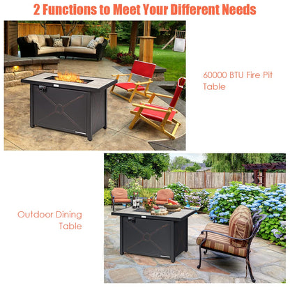 COSTWAY 42" Propane Fire Pit Table, 60,000 BTU Outdoor Rectangle Gas Fire Table W/Ceramic Tabletop, Lava Rock & PVC Cover Included, Stainless Steel Burner, Ideal for Backyard, Poolside