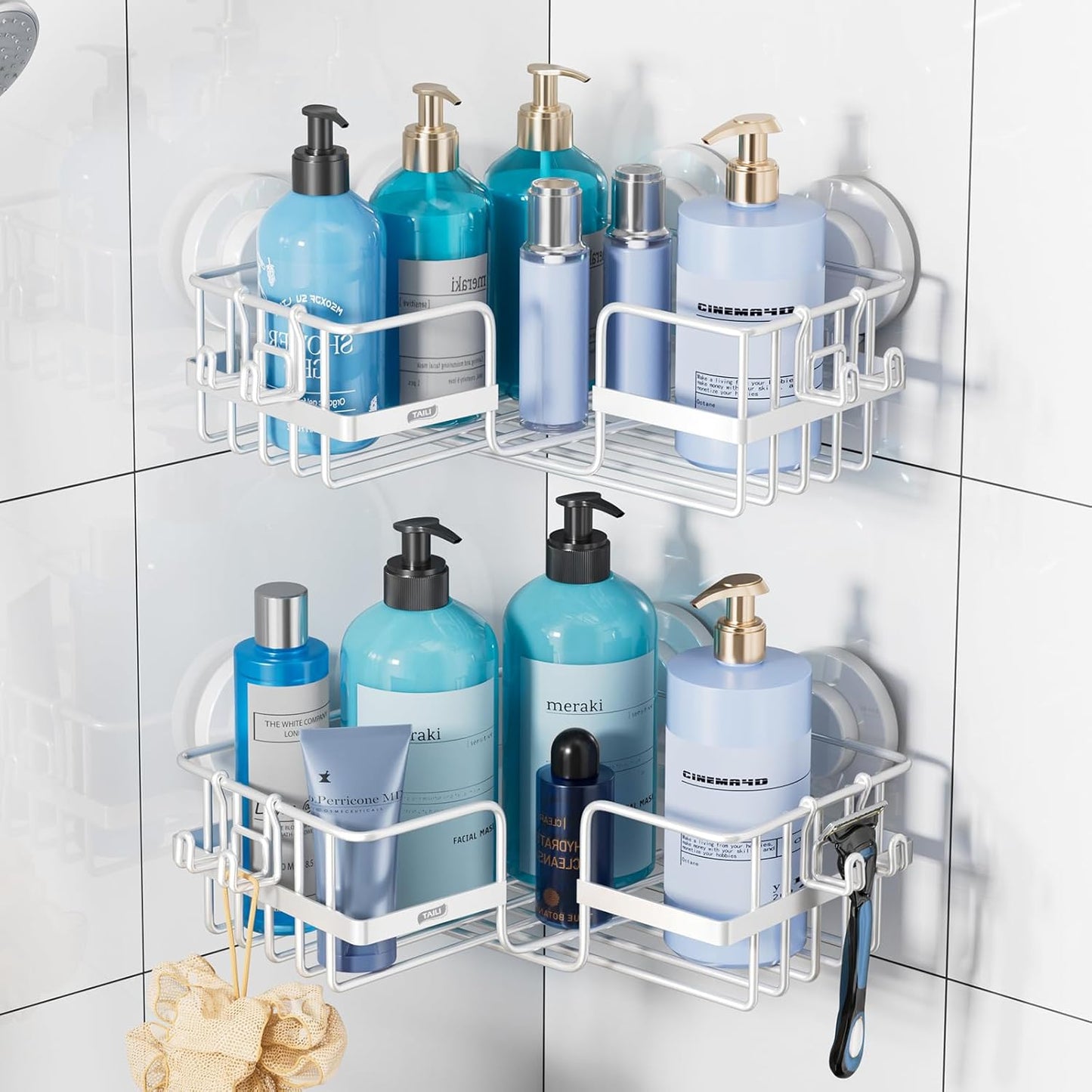 2 Pack, TAILI Corner-adaptive Suction Cup Shower Caddy Stainless Steel Rustproof Corner Shower Shelves, Drill-Free Wall