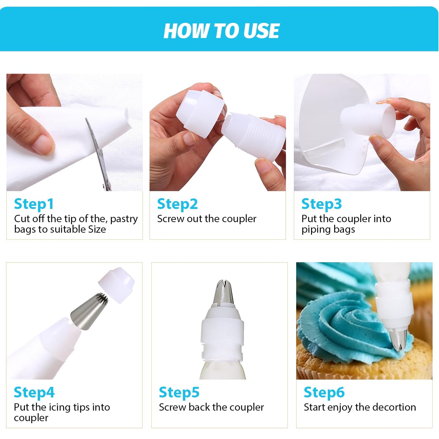 Reusable Cotton Piping Bags & Tips Set -16" Large Pastry Bag with 10 lcing Tips + 2 Couplers for Cake Decorating, Baking Supplies