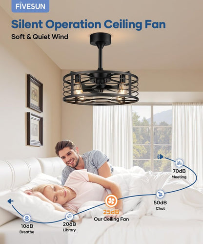 Fivesun 20" Caged Ceiling Fans with Lights and Remote, Fandelier Farmhouse Industrial Fan Lights Ceiling Fixtures Small Ceiling Fan with 6 Speeds and Timing for Kitchen, Bedroom, Outdoor-Black