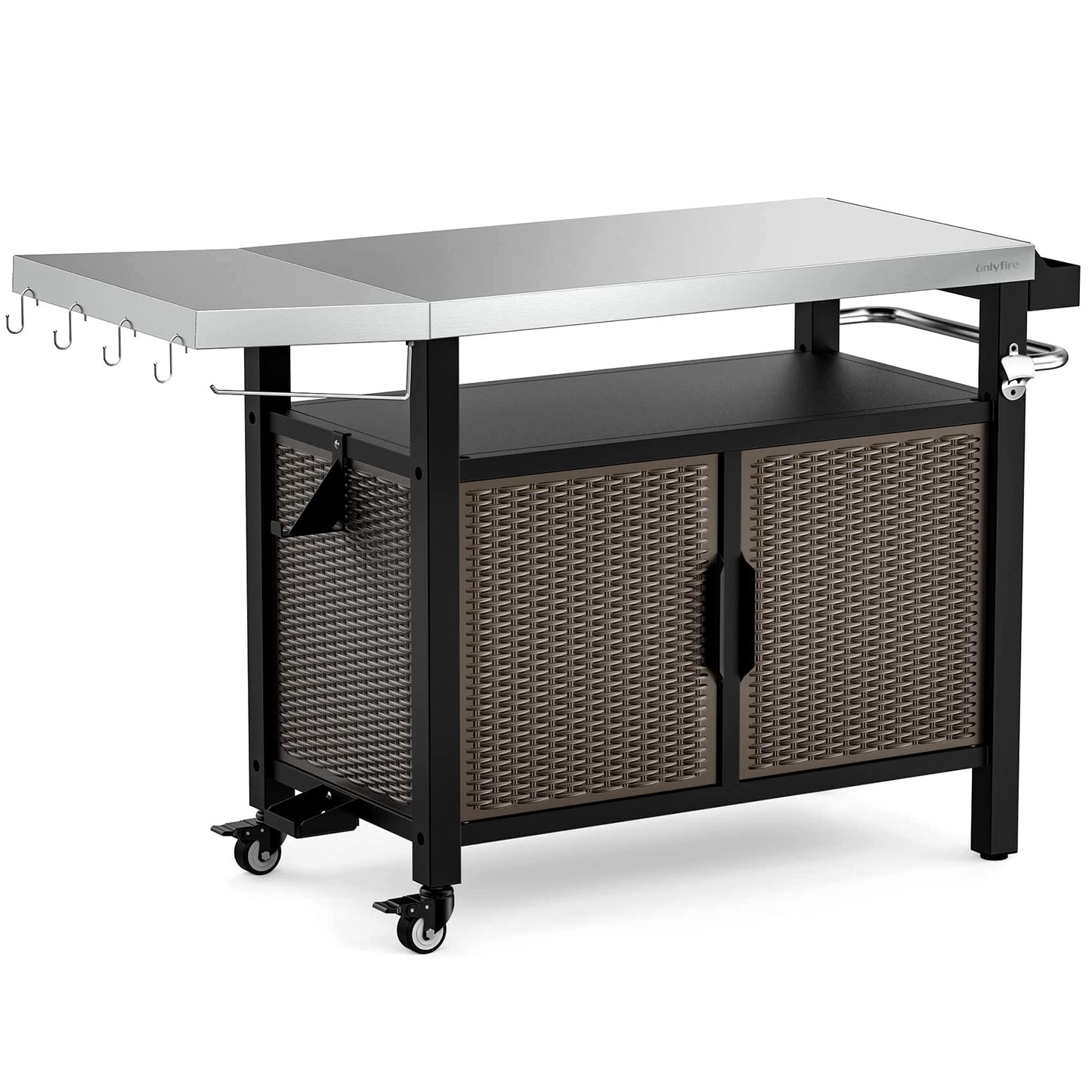 onlyfire 53-Inch Rolling Kitchen Island Cart with XL Stainless Steel Top & Rattan Texture Cabinet, Heavy-Duty Outdoor Dining Cart with Side Shelf, Propane Tank Holder, Spice Rack, Wheels for Patio