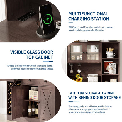 IDEALHOUSE 72 Inch Tall Kitchen Pantry Cabinet with Power Outlet - Wine Bottle Rack, Barn Doors, Ample Storage, Modern Sideboard Buffet for Dining Room, Kitchen, or Home Bar