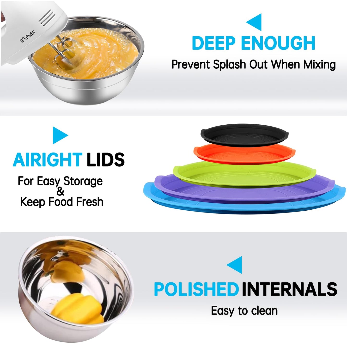 WEPSEN Mixing Bowls with Lid Set, 25PCS Kitchen Utensils Metal Bowl Stainless Steel Nesting Bowls, Measuring Cups and Spoons, Egg Whisk for Baking Prepping Cooking Serving Supplies