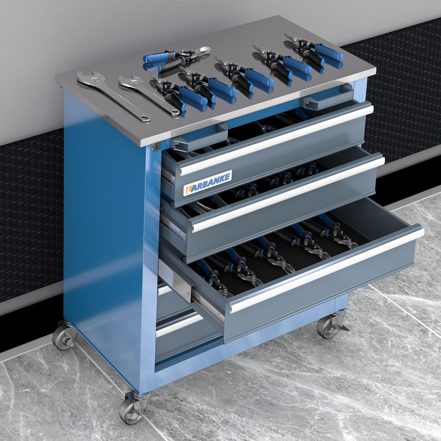 LARBANKE 5-Drawer Tool Chest, Rolling Tool Chest with Wheels, Foot Pads&Locking System,Mobile Storage Tool Cabinet with Stainless Steel Top,Connect Units for A Large Workstation for Office,Garage&Home