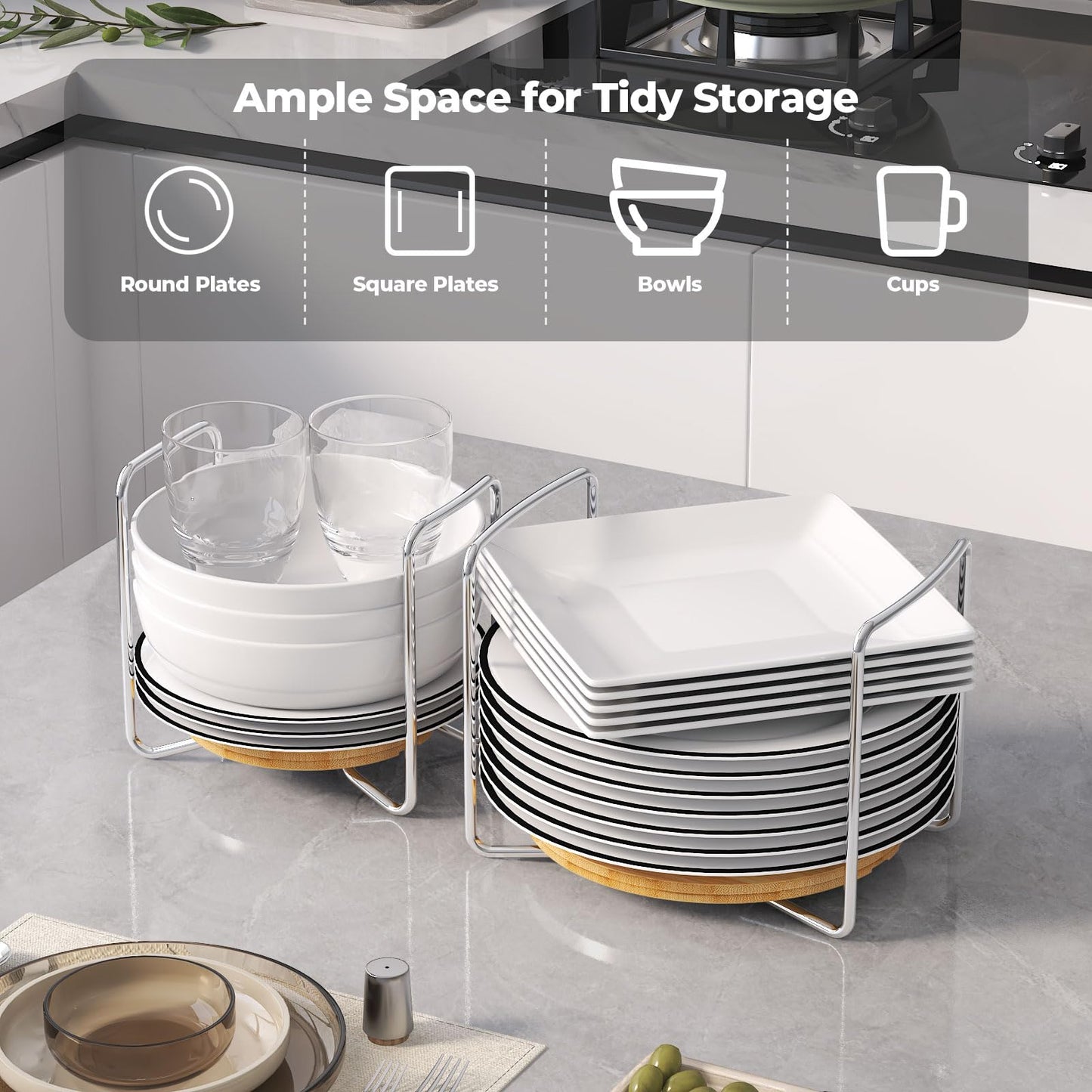 Adjustable Dish Rack for Kitchen Counter - Bamboo Plate Holder Organizer for Cabinet Wooden Bowl Organizer Stainless Steel Plate Stand Storage for Kitchen Drawer Countertop Cupboard Shelf RV