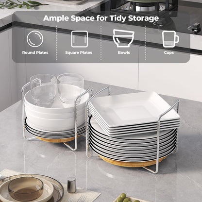Adjustable Dish Rack for Kitchen Counter - Bamboo Plate Holder Organizer for Cabinet Wooden Bowl Organizer Stainless Steel Plate Stand Storage for Kitchen Drawer Countertop Cupboard Shelf RV