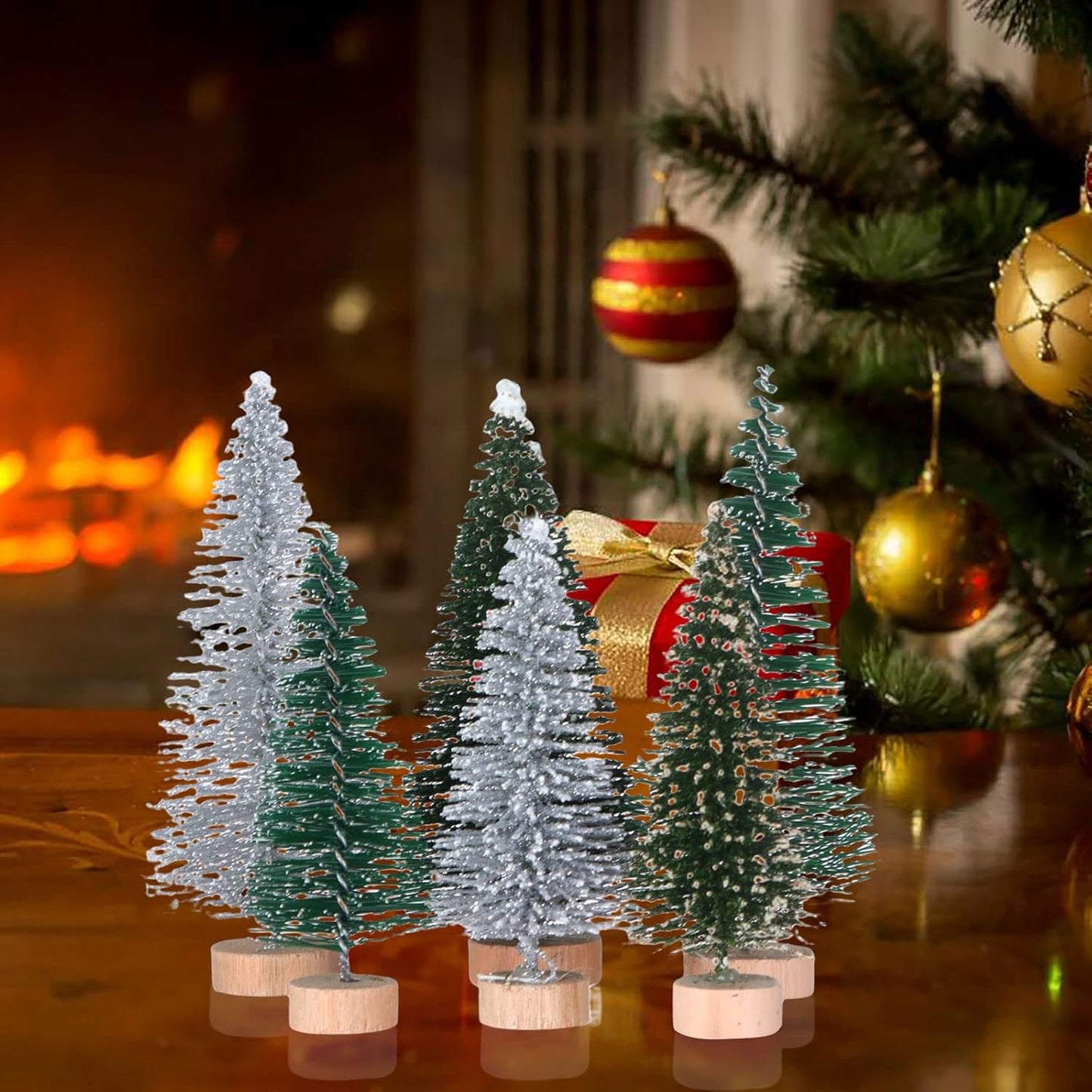 18Pcs Miniature Pine Trees Set, Sisal Trees with Wood Base for Christmas Crafting and Designing, Mixed Size