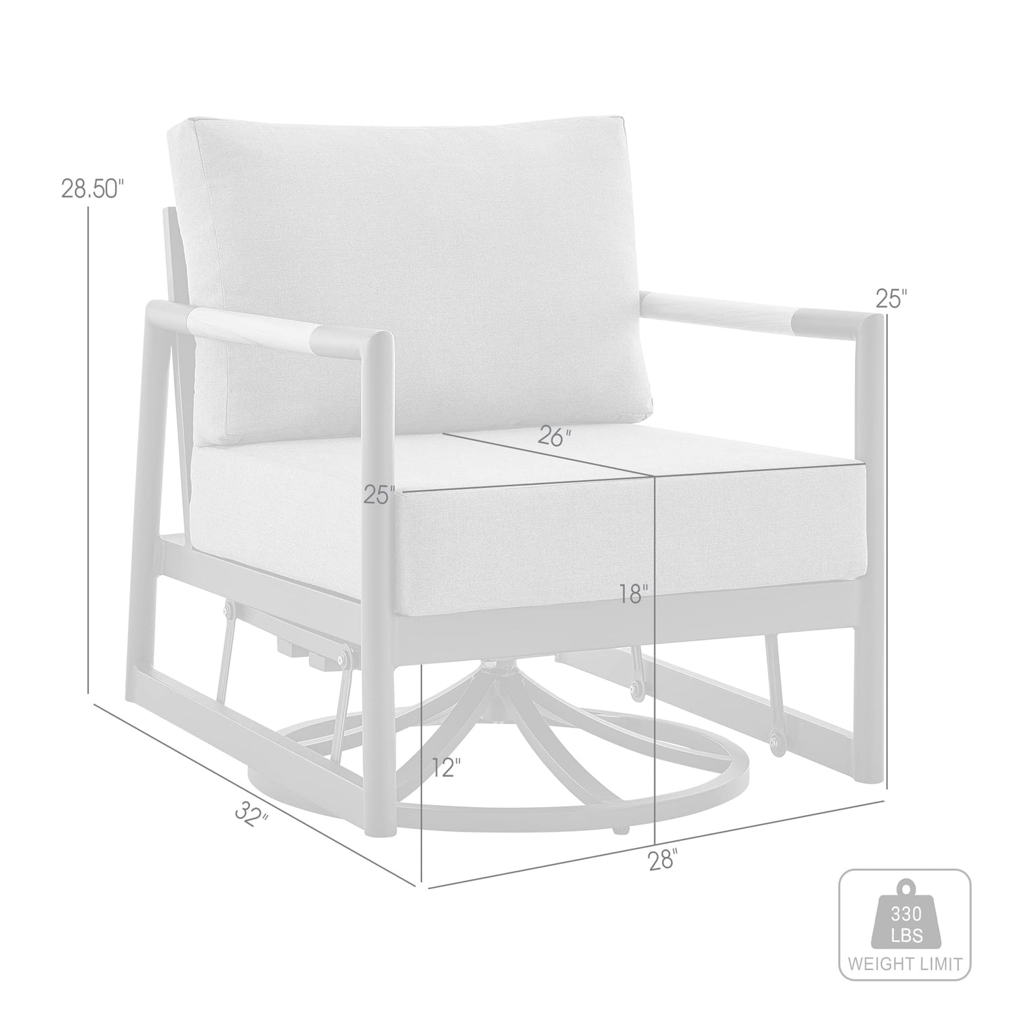 Armen Living Royal Outdoor Patio Swivel Glider Lounge Chair in Black Aluminum and Teak Wood with Cushions