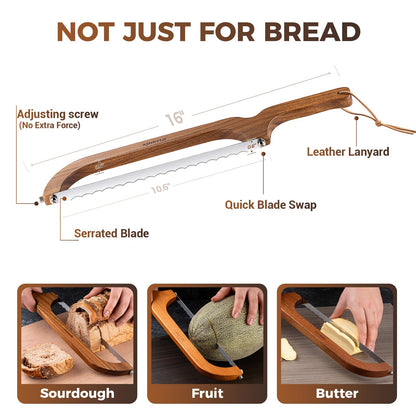 XJHEYLZ Sourdough bread knife,Bread Slicer for Homemade Bread,Adjustable blade tightness for Even Slicing, Serrated knife,Wooden Bread cutter with Bow Design (3, Red-brown color)