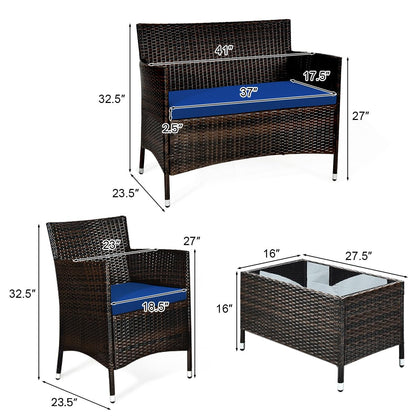 COSTWAY 8PCS Rattan Patio Furniture Set, Outdoor Wicker Rattan Chairs with Coffee Table, Rattan Cushioned Conversation Set for Backyard Balcony Porch Poolside, Navy