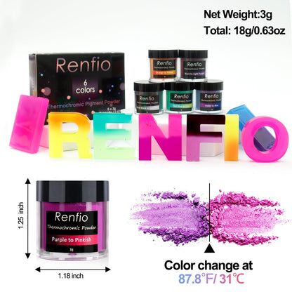 Renfio 6 Colors Thermochromic Pigment Powder,18g/0.63oz Color Changing Powder Temperature Activated at 88℉/31℃,Thermochromic Pigment 3g Each for Epoxy Resin,Slime,Nail,Tumblers,Paint,Fabric,Dye
