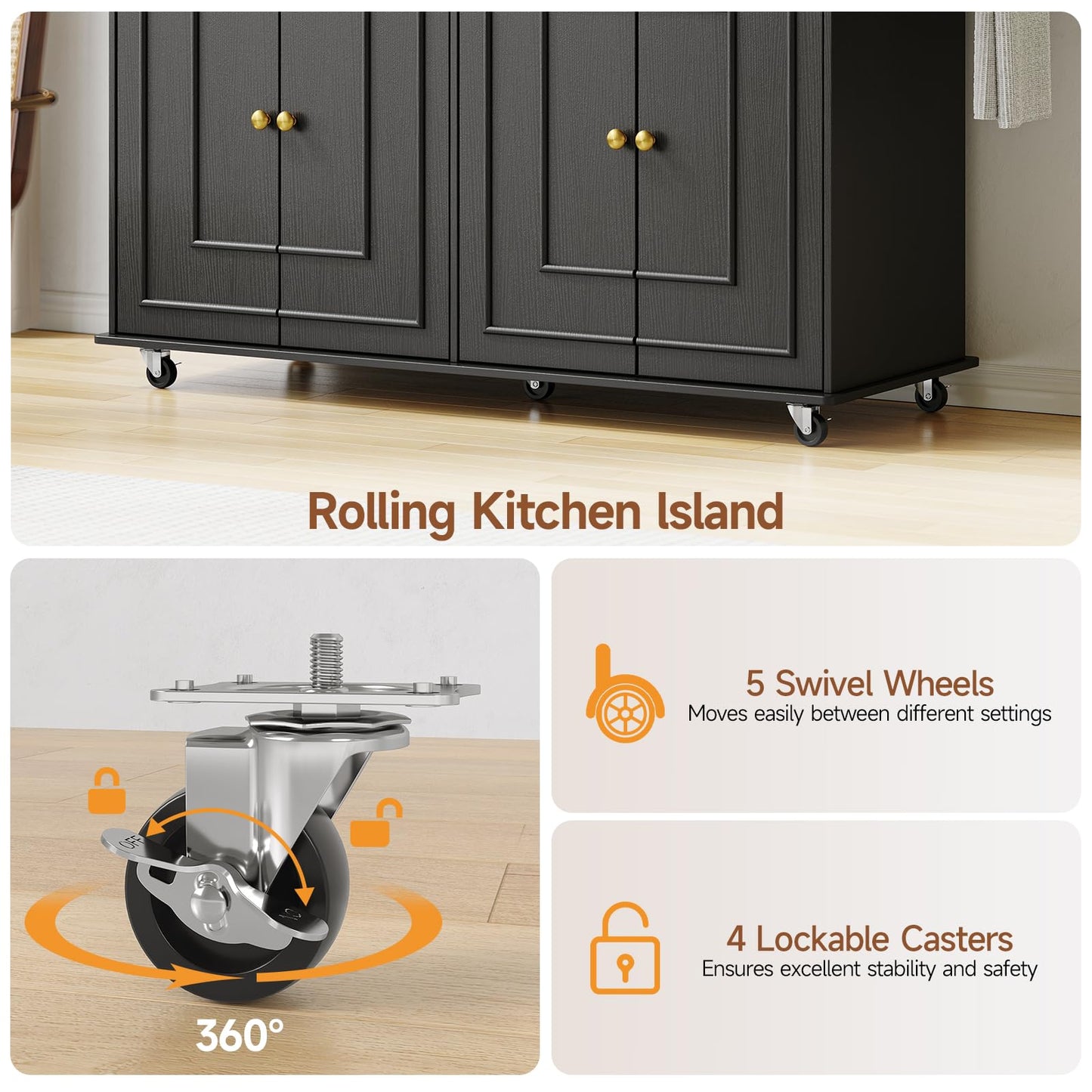 ComfyCorner 58" Rolling Kitchen Island with Storage, Island Table for Kitchen with Power Outlet, Multi-level Kitchen Islands on Wheels, Mobile Bar Cart with Spice Rack, Towel Rack, Knife Holder, Black