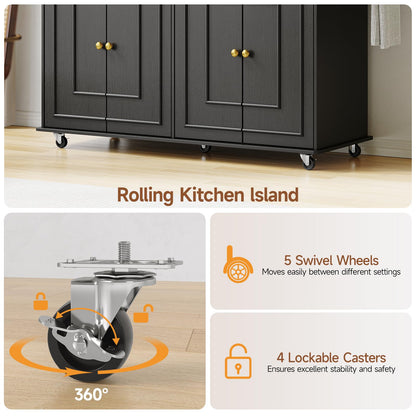 ComfyCorner 58" Rolling Kitchen Island with Storage, Island Table for Kitchen with Power Outlet, Multi-level Kitchen Islands on Wheels, Mobile Bar Cart with Spice Rack, Towel Rack, Knife Holder, Black