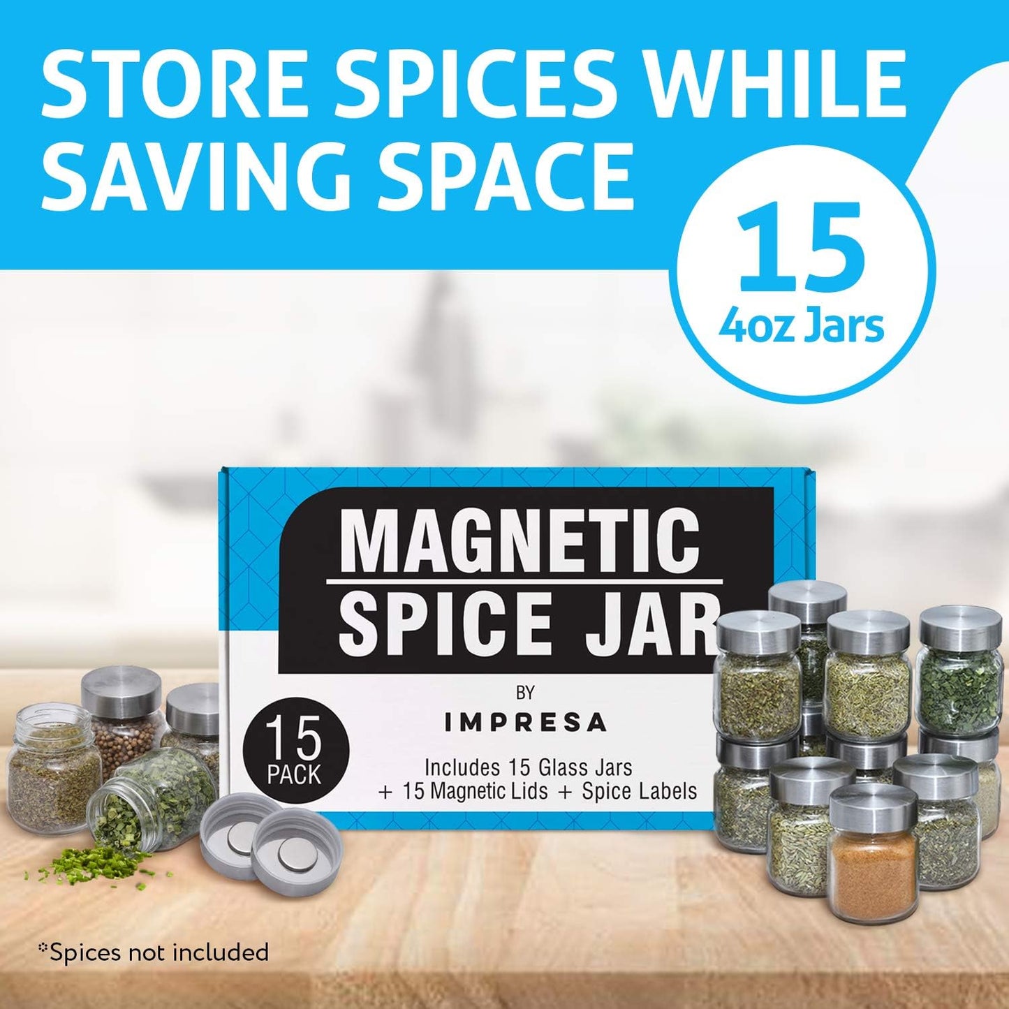 15-Pack, 4 Oz, 60 IMPRESA Clear Glass Magnetic Spice Jars - Labels - Magnet Spice Jars for Refrigerator with Magnet