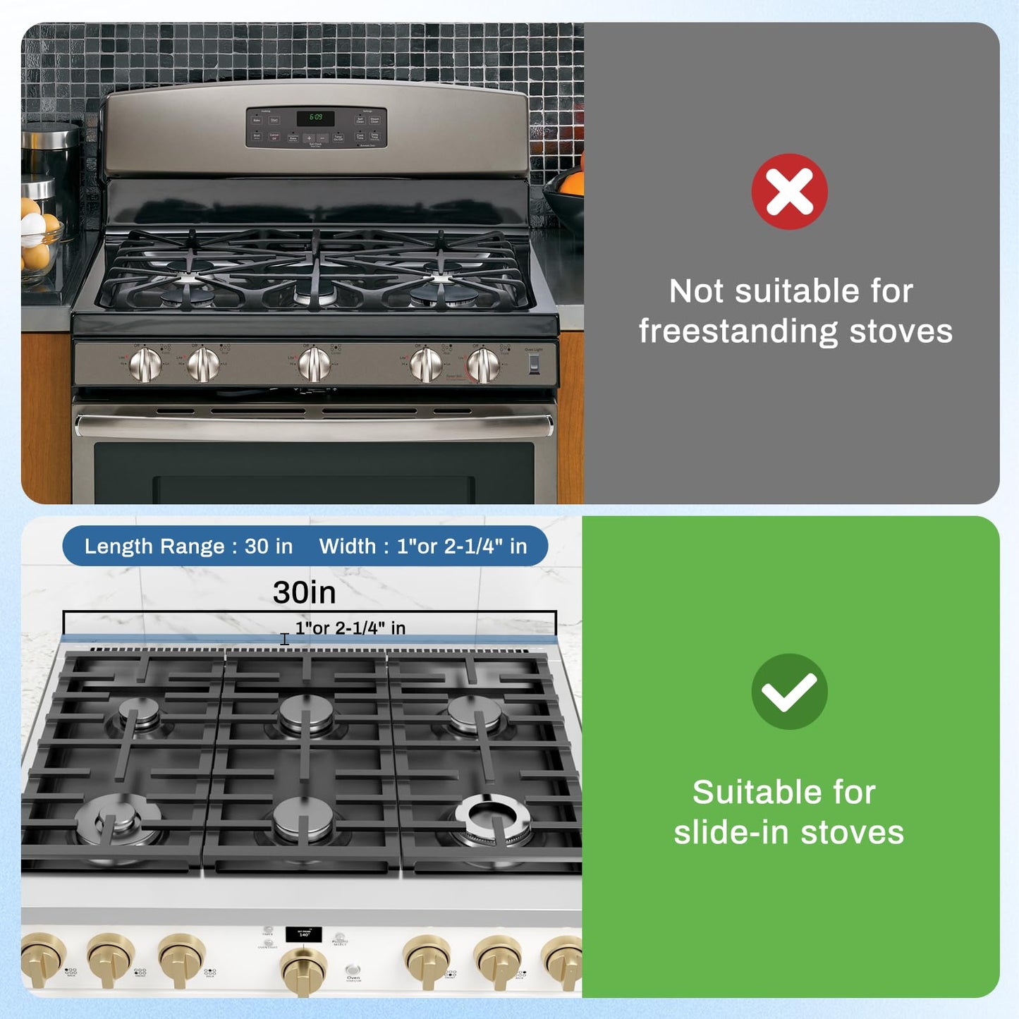 30" Slide-in Range Rear Filler Kit W10113901A with 2pcs Silicone Stove Gap Covers, Cooktop Trim Kit Between Stove and Backsplash for Whirlpool & Most Brand, 316 Stainless Steel (Black)