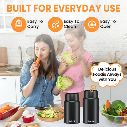 Bolu Fly 2 Pack Soup Thermo for Hot Food for Adults, Insulated Food Jar, Stainless Steel Vacuum Thermal Lunch Box Containers with Carry Bag and Spoon (18.5oz, 27oz) (Black)