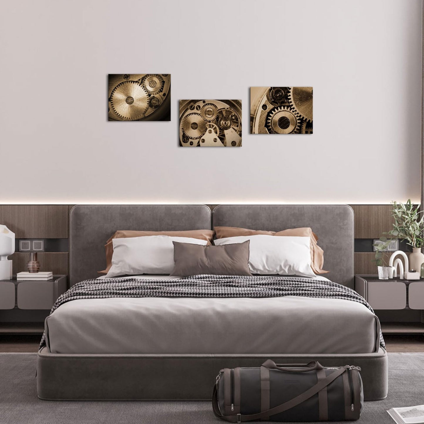 LyerArtork 3 Piece Steampunk Industrial Engines Wall Art Canvas Prints Sepia Retro Gear Wheel Mechanical Pictures Artwork Wall Decor for Office Living Room Stretched and Framed 12x16inchx3