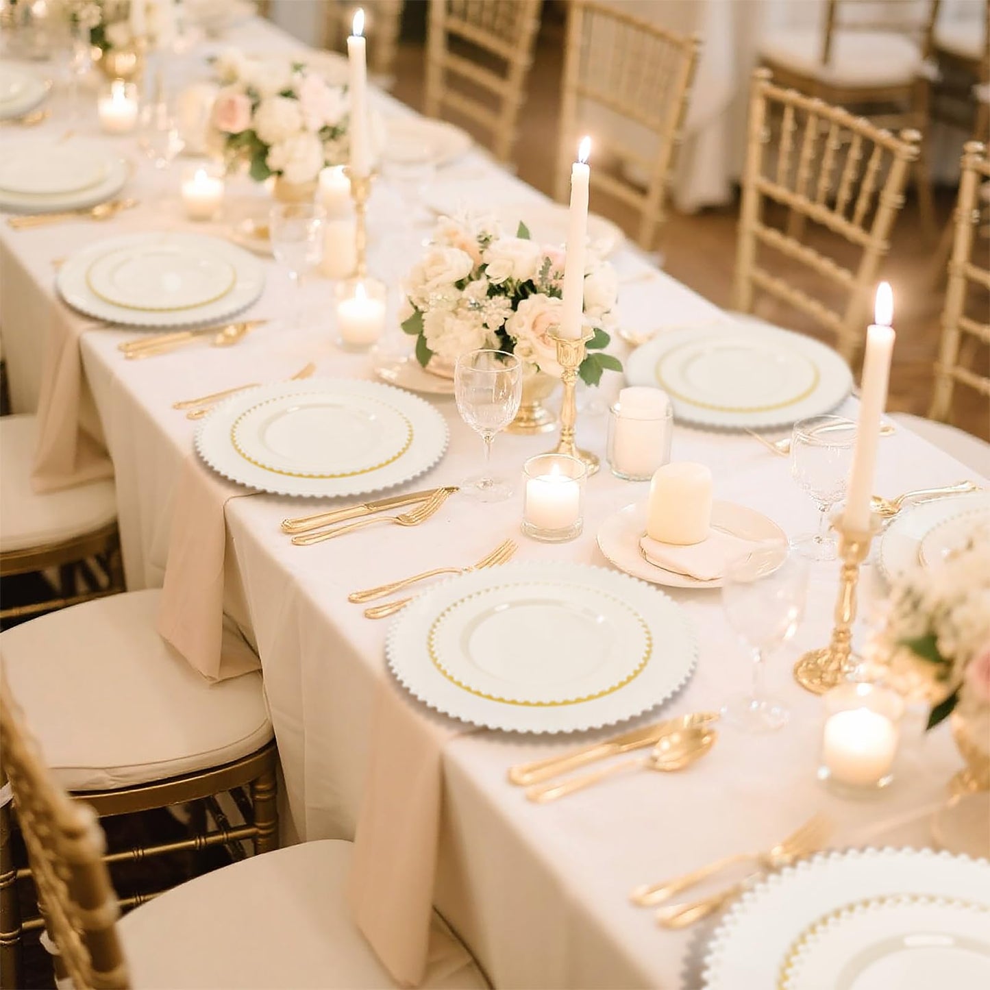 U-QE 60PCS Ivory Plastic Plates - Beaded Ivory Plates Disposable Heavy Duty - Perfect for Party, Baby Shower, Wedding, Birthday - Include 30PCS 10inch Dinner Plate & 30PCS 7inch Dessert Plate