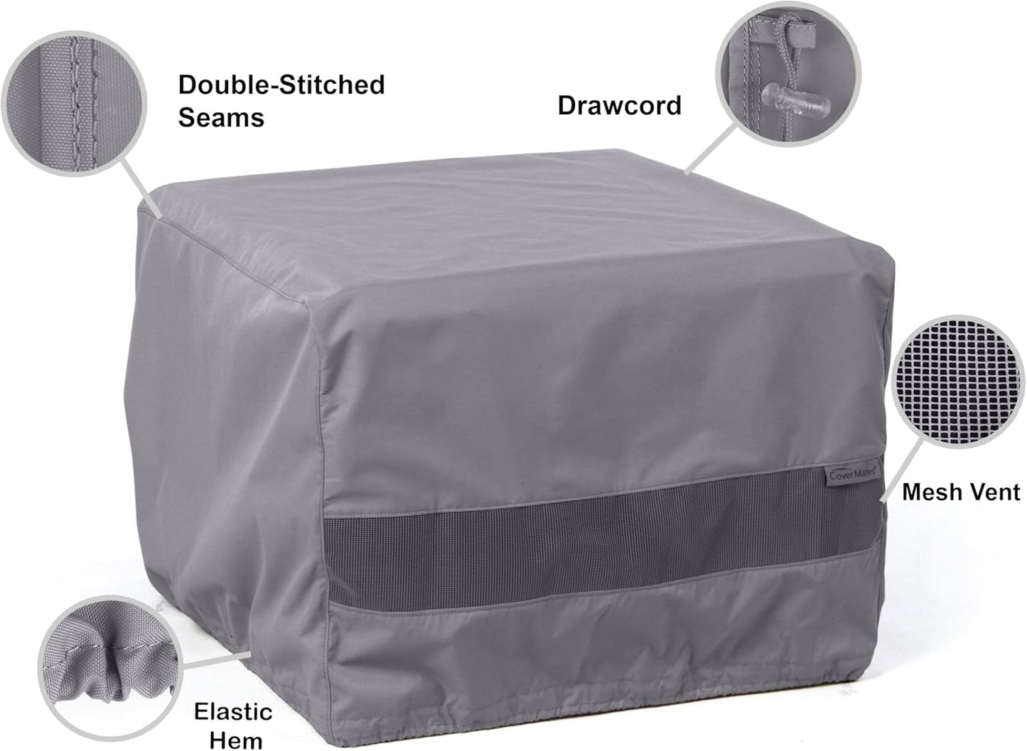 300D 24W 24D 18H, Covermates Elite Square Ottoman Cover Heavy-Duty Polyester, Water-Resistant, Mesh Vent, Drawcord